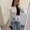 White lace long sleeve blouse for women, elegant slim fit shirt with stand collar top. - S / Tops / White