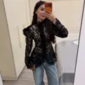 Women elegant black lace slim fit long sleeve blouse top fashion apparel for autumn. - S / Tops / Black