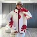 Women winter sherpa fleece jacket with red rose print, cozy zip up cardigan outerwear. - S / Tops / Red Rose