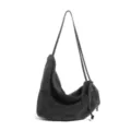Stylish black washed denim slouchy shoulder bag for women, casual minimalist hobo crossbody bag. - Black