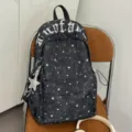 Black star print backpack, casual daily travel school bag with stylish embroidery detail. - With Pendant Style (6350) / Black