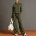 Chic olive green stand collar cardigan paired with wide leg trousers tracksuit set. - Army Green