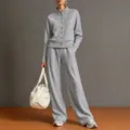 Detail display of the solid color stand collar cardigan sweatshirt and wide-leg pants set. - S / Top And Bottom / Dark Gray