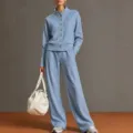 Detailed view of the blue cardigan buttons and soft fabric texture in this casual lounge set. - Sky Blue