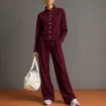 womens solid stand collar cardigan sweatshirt and wide leg pants set casual two piece outfit - Burgundy