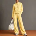 Solid color stand-up collar cardigan sweatshirt and wide-leg pants set for stylish women. - Yellow