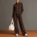 Women solid mock neck cardigan sweatshirt and wide leg pants set stylish brown lounge wear - Dark Brown