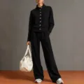 Women Solid Stand-Collar Cardigan Sweatshirt and Wide-Leg Pants Casual Outfit Set - S / Top And Bottom / Black