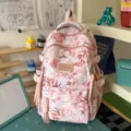 Pink printed canvas college backpack with aesthetic leaf and bird pattern, large capacity daypack. - Backpack / No Pendant / Light Pink