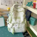 Green bamboo print student backpack casual large capacity canvas school bag for women - Shoulder Bag / No Pendant / Green