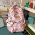 Pink floral print student backpack large capacity casual daypack cute school bag for women - Backpack / With Pendant / Light Pink
