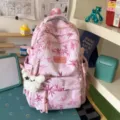 Pink student printed backpack large capacity casual school bag for women daily commute - Backpack / With Pendant / Deep Pink