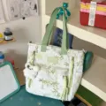 Canvas tote bag for women, stylish bamboo leaf printed shoulder bag with large capacity daily use. - Shoulder Bag / With Pendant / Green
