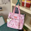 Casual pink floral student backpack, large capacity fabric shoulder bag for daily use. - Shoulder Bag / With Pendant / Deep Pink