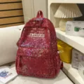 Stylish holographic red backpack for school girls, casual commuter daypack with unique design. - No Pendant / L / Red