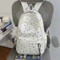 Cute white backpack with black star print, casual school bag for students and daily wear. - With Charm / Deep Blue Stars