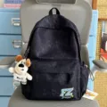 Retro mottled grey school backpack for students, lightweight casual travel daypack for men and women. - With Charm / Black