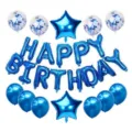 Detailed view of blue foil letter balloons and star decorations for birthday party setups. - Blue