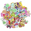Detailed view of colorful assorted animal wooden buttons with 2 holes for DIY crafts sewing projects. - Mixed Animal Shape / 50 Pieces/Pack / Multicolor