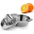Stainless steel manual lemon squeezer juicer detail showing container and press cone. - Stainless Steel Color