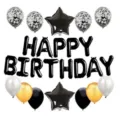 Detailed view of the happy birthday balloon set, showing confetti and star foil designs. - Black