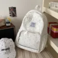 Japanese style white polka dot transparent pocket school backpack for students daily use. - No Pendant / White