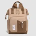 Large capacity diaper backpack in beige and brown with cute bear patch, ideal for moms. - Coffee