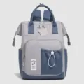 Multifunctional large capacity mommy diaper backpack with cute bear patch and blue gray design - Blue Gray Patch