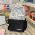 Japanese style cute black and white striped casual backpack variant for daily outing. - Without Pendant / L / Black