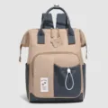 Khaki and dark blue colorblock diaper backpack, multi-function large capacity mommy bag. - Brown Blue Patch