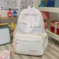 Japanese fresh cute pink striped canvas backpack with bow and card slot for school daily use - Without Pendant / L / White