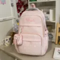 Pink casual backpack for school girls, cute minimalist large capacity bookbag with small pouch. - No Pendant / Pink