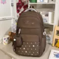 Brown polka dot canvas backpack, large capacity school bag for students and daily casual wear. - No Pendant / Brown