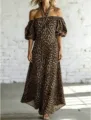 Leopardmuster schulterfreies Maxikleid mit Puffärmeln und elegantem A-Linien-Saum für den Urlaub. - S / Kleider / Leopardenbraun