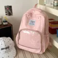 Pink polka dot backpack with clear front pocket, Japanese style casual school bag for daily use. - No Pendant / Pink