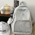 Japanese style cute grey polka dot ita backpack with clear pocket for daily school use. - No Pendant / Gray