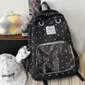 Black polka dot itabag backpack, Japanese style school bag with clear front pocket variant. - With Pendant / Black
