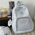 Cute Japanese style polka dot ita backpack with clear front pocket for daily school use. - With Pendant / Blue