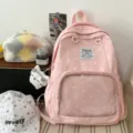 Pink polka dot backpack with clear front pocket, cute casual daily school bag for students. - With Pendant / Pink
