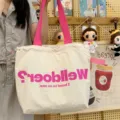 Korean dopamine canvas tote bag, large capacity lightweight shoulder bag with drawstring. - No Pendant / White