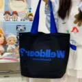 Black canvas tote bag with blue straps, spacious drawstring commuter handbag for women daily. - No Pendant / Black
