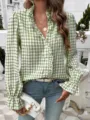 Detailed view of green gingham ruffle long sleeve blouse, chic French style daily top. - S / Grass Green