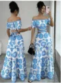 Blau weiße Blumen off Shoulder zweiteiliges Crop Top Maxirock Sommerkleid Set - S / Himmelblau