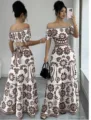 Schulterfreies zweiteiliges Blumen-Maxikleid mit Taillenausschnitt und schickem Bindeband. - S / Kaffeebraun