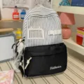 Japanese style cute striped girl backpack with front pocket and sweet pendant decoration. - With Charm Style / L / Black