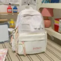 Cute Japanese style pink striped canvas backpack with lace bow and front pocket for daily use. - With Charm Style / S / White