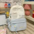 Cute Japanese style sweet pastel backpack for girls, yellow stripe and light blue variant. - With Charm Style / S / Blue