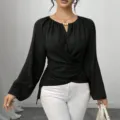 Einfarbige unregelmäßige Saum Langarmbluse, V-Ausschnitt elegante Pendler-Oberteil. - S / Schwarz