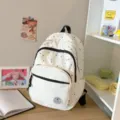 Japanese style white student backpack with black stars, cute lightweight school bag for girls. - No Pendant / White