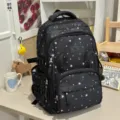 Cute black star print school backpack with rabbit ears large capacity daily casual bag for girls - No Pendant / Black
